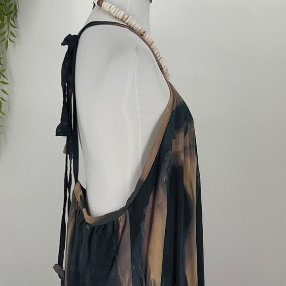 Kahakai ~ Teal Blue Purple Gray Tan Scoop Neck Plunge Back Overall Romper - Picture 9 of 15